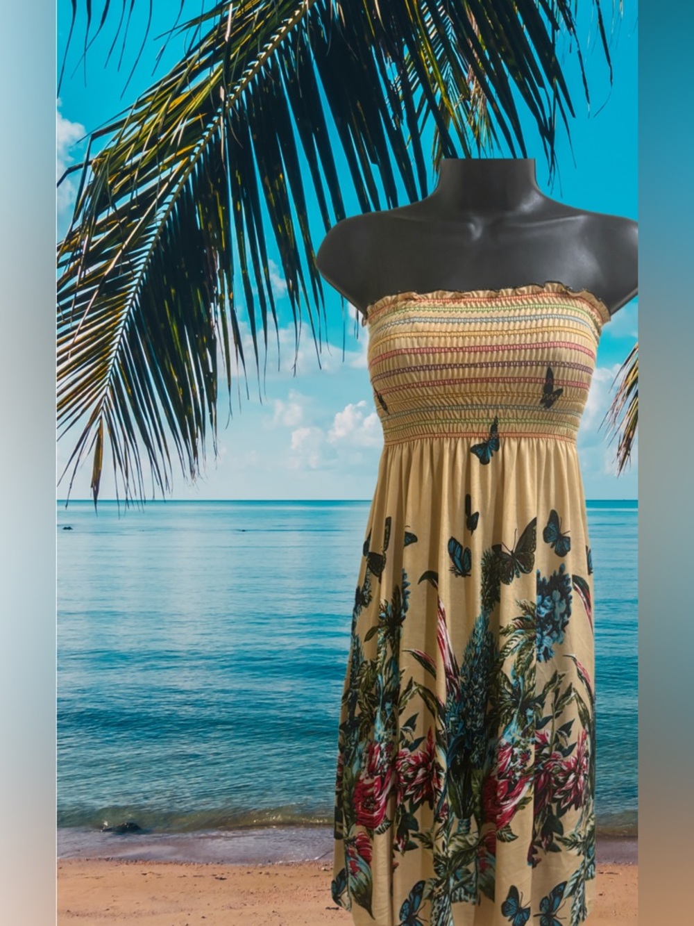 Strapless Butterfly Floral Sundress in sheer tan.⭐️NWT⭐️